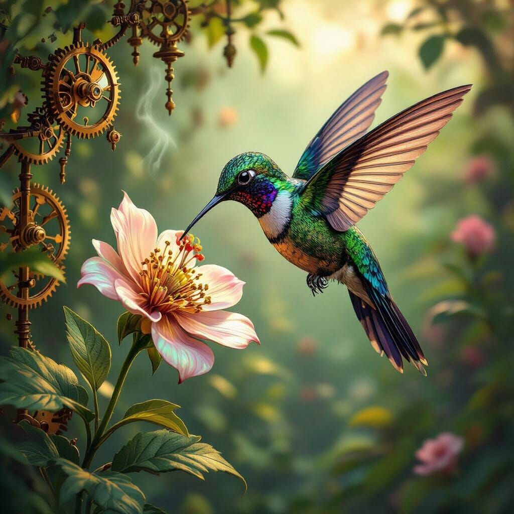 Steampunk Hummingbird Sipping Nectar in Victorian Garden