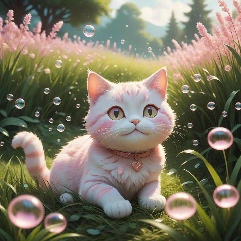 Whimsical Pink Cat in Pastel Paradise