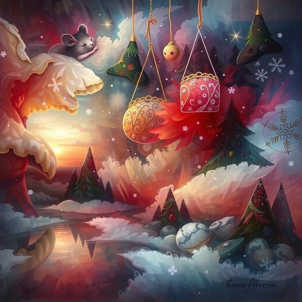 Mouse Asleep at Christmas, Mixed Media Art