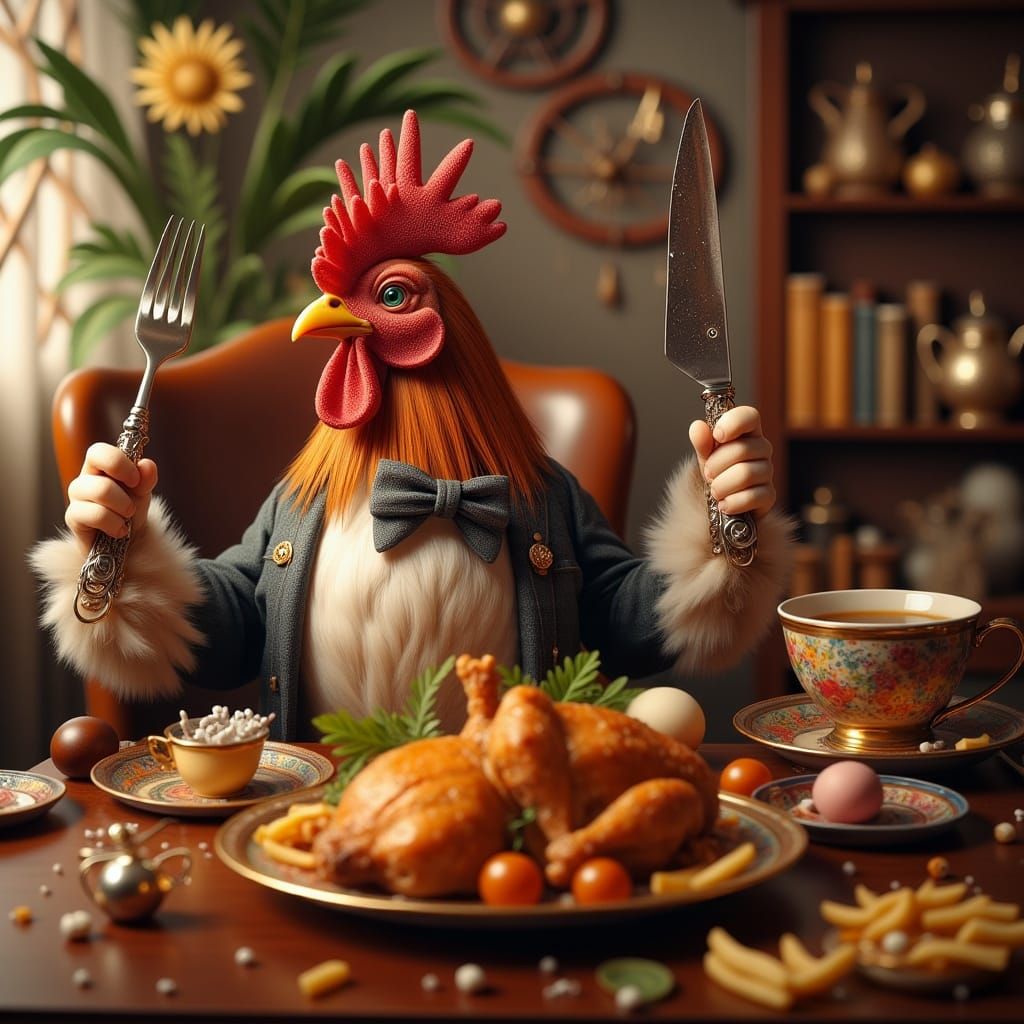 Rooster Enjoys Lavish Feast in Sunlit Apartment