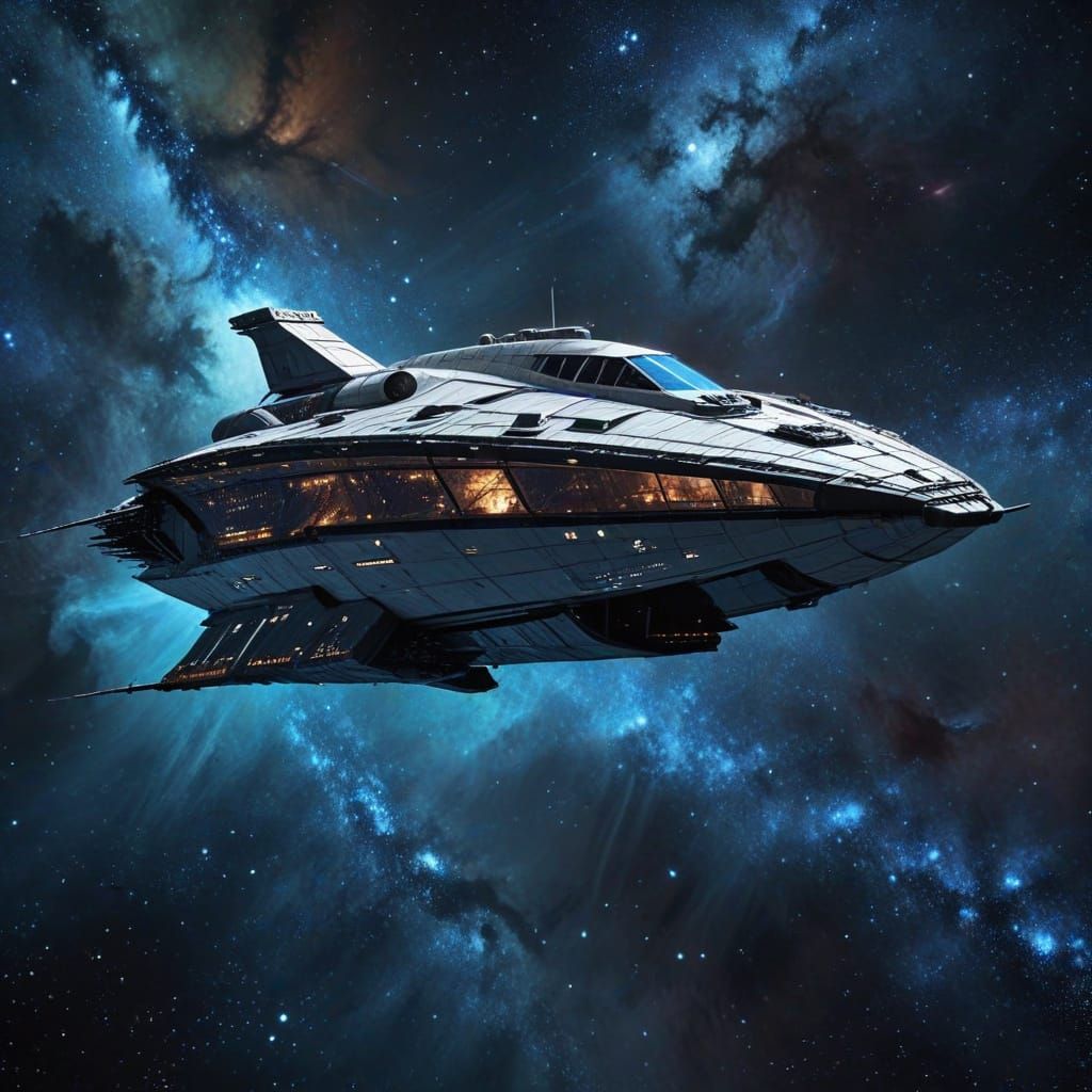 Space Sailing Ship Exploring Galactic Background