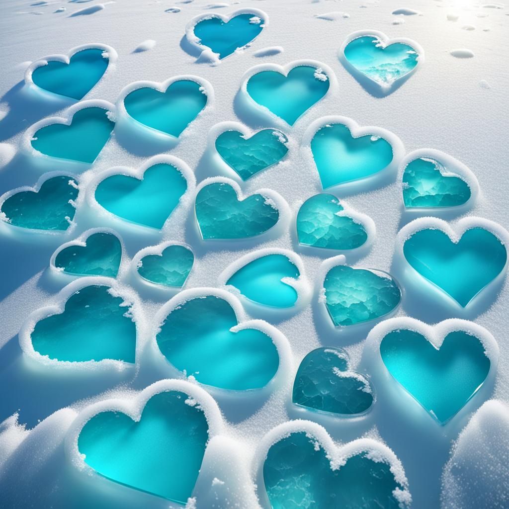 Turquoise Ice Hearts on Frozen Lake