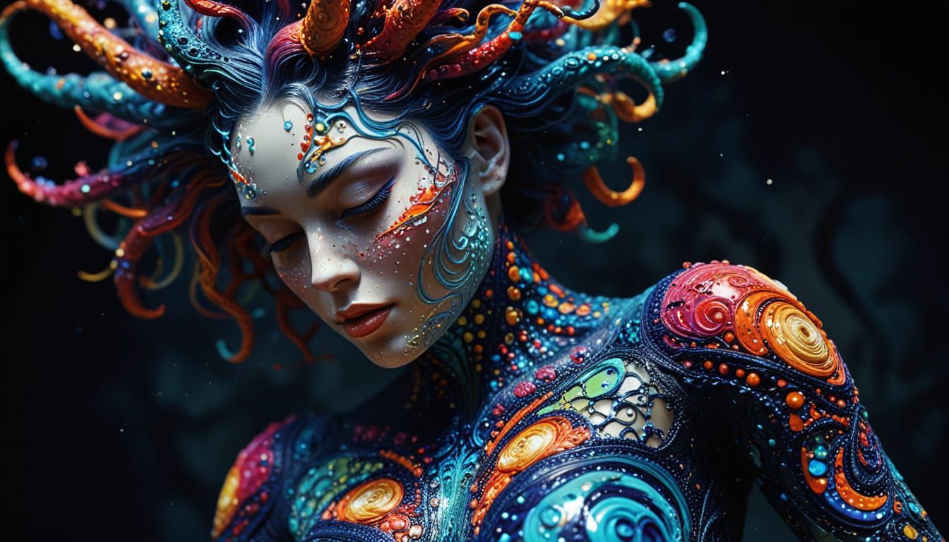 Surreal Contorted Figure with Lace and Light Bursts