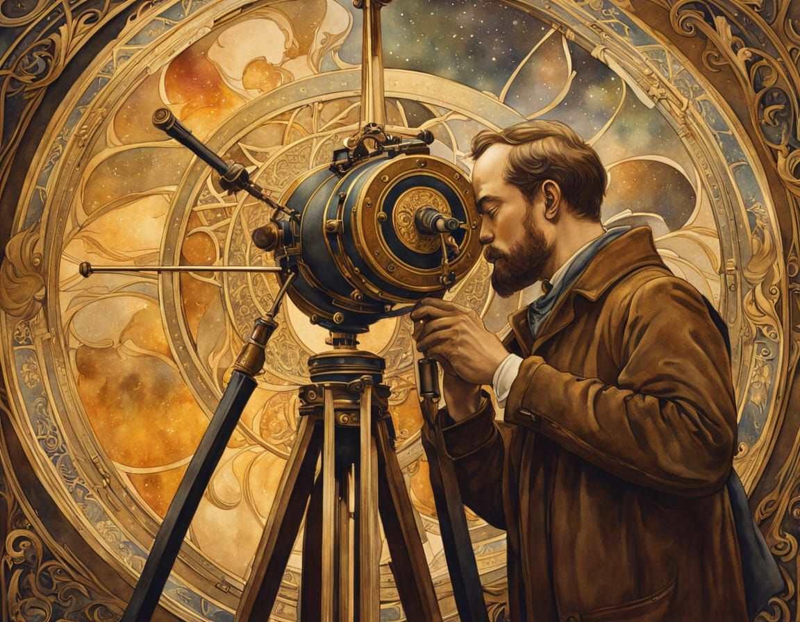 Elegant Art Nouveau Portrait of a Man Adjusting an Astronomi...