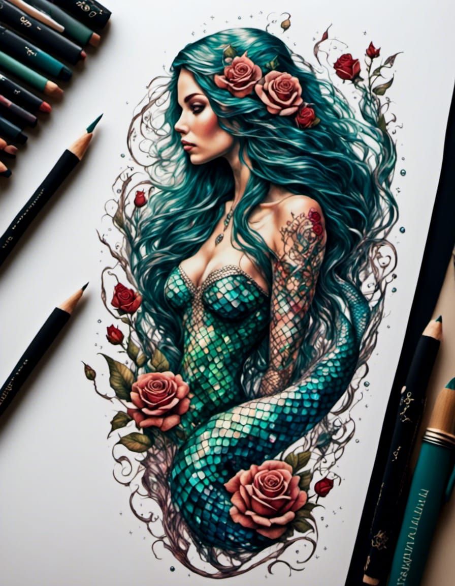 Pastel Mermaid with Rainbow Scales and Rose Tattoo