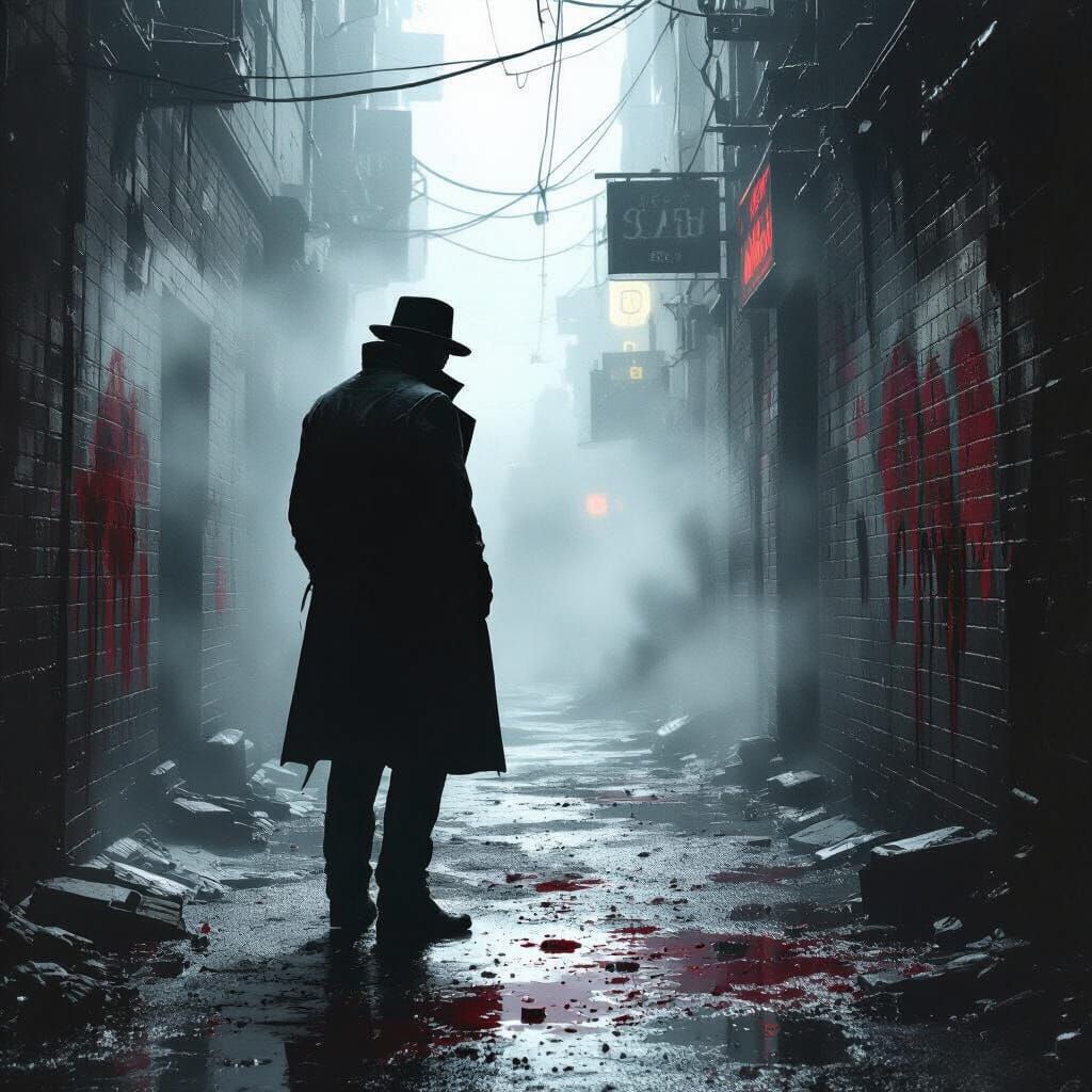 Distressed Detective in Gritty Film Noir Alley