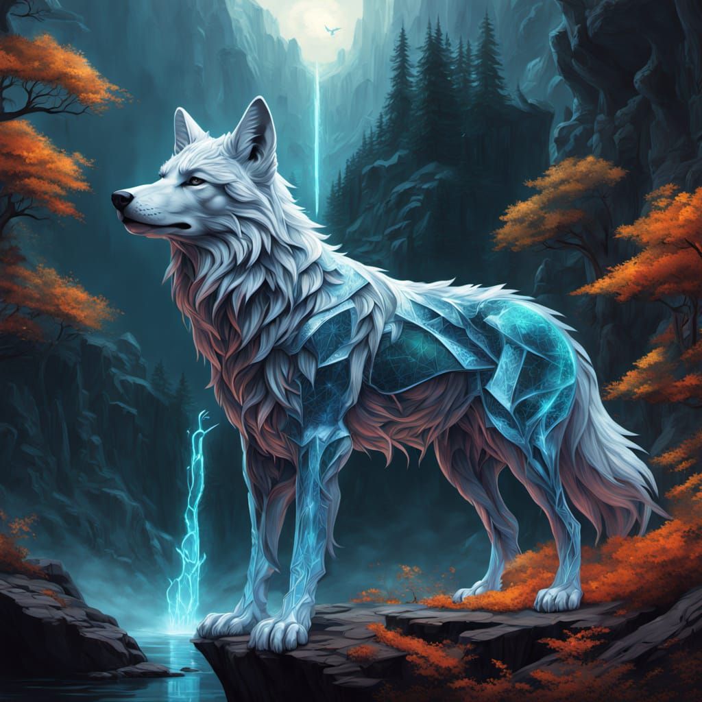 Crystal Wolf in Forest, Oil Painting Style