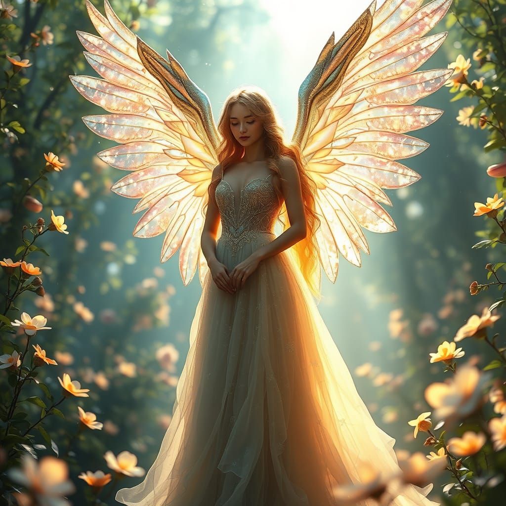 Angel in Celestial Garden with Iridescent Wings and Glowing ...