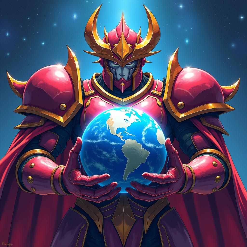 Anime Galaxy King in Armor Holding Earth