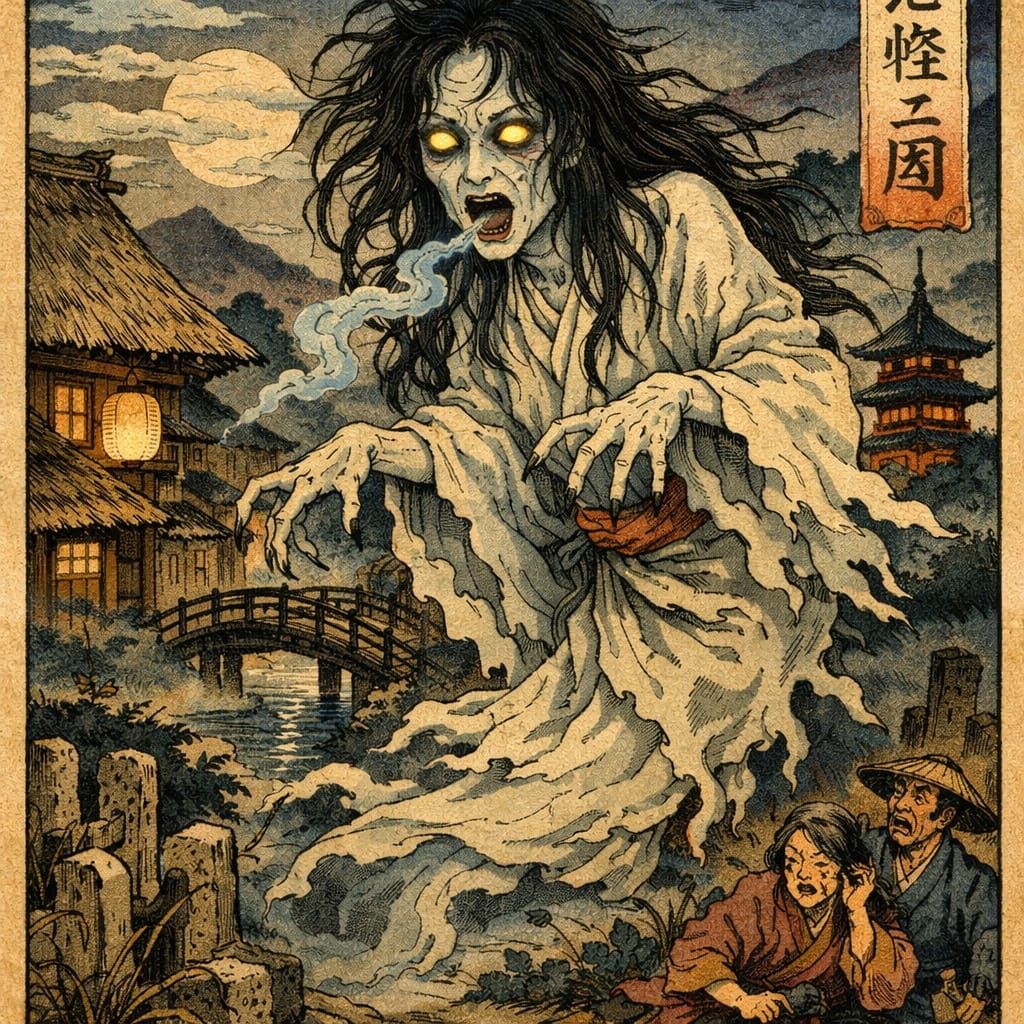 Ukiyo-e Yokai Ghost in Medieval Japanese Village