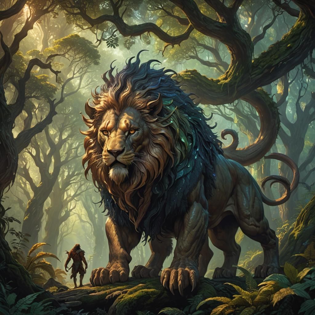 Mystical Manticore in Ancient Forest: Fantasy Art