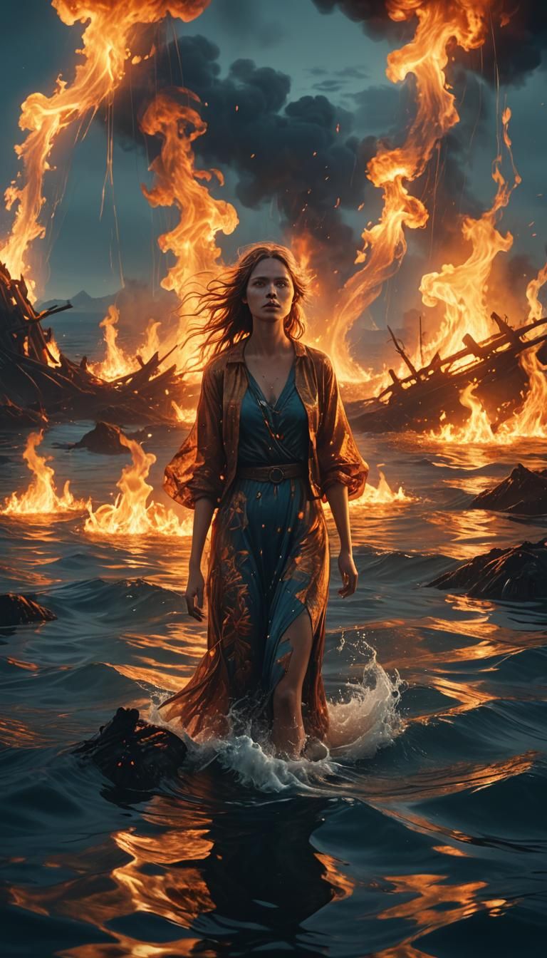 Woman in Burning Sea: Fantasy Matte Painting