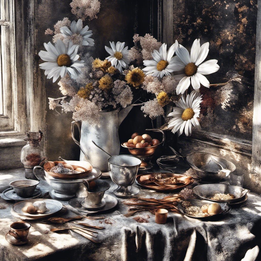 Dried Flowers by Window in Magical Realism Style