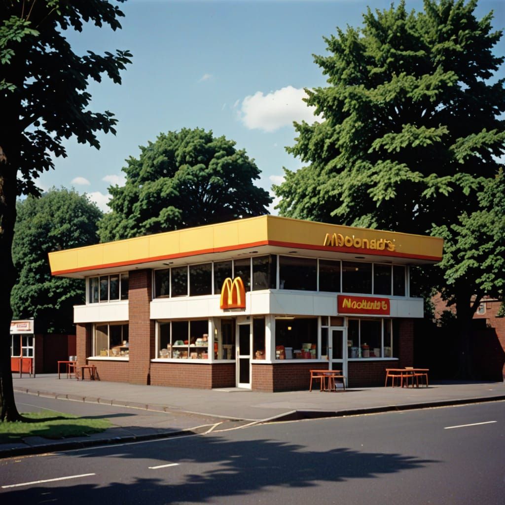 1970s British McDonald's, isolated building, single storey