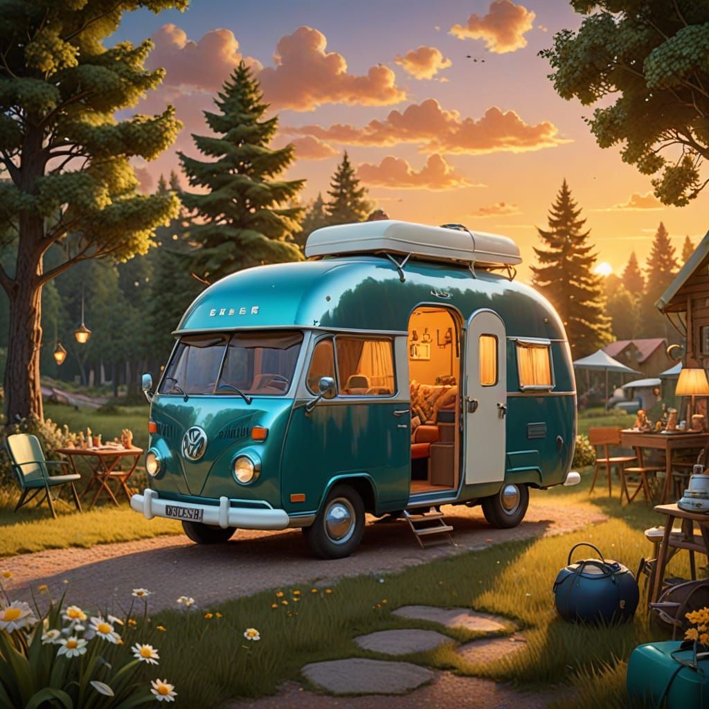 Pixar-Inspired Veldmuizen in a Whimsical Camper Scene