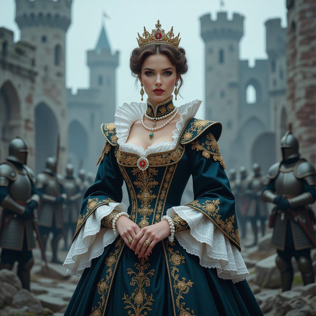 Futuristic Queen Anne Woman in Medieval Ruins