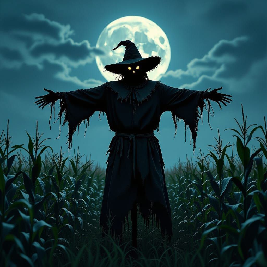 Menacing Scarecrow in Moonlight Cornfield