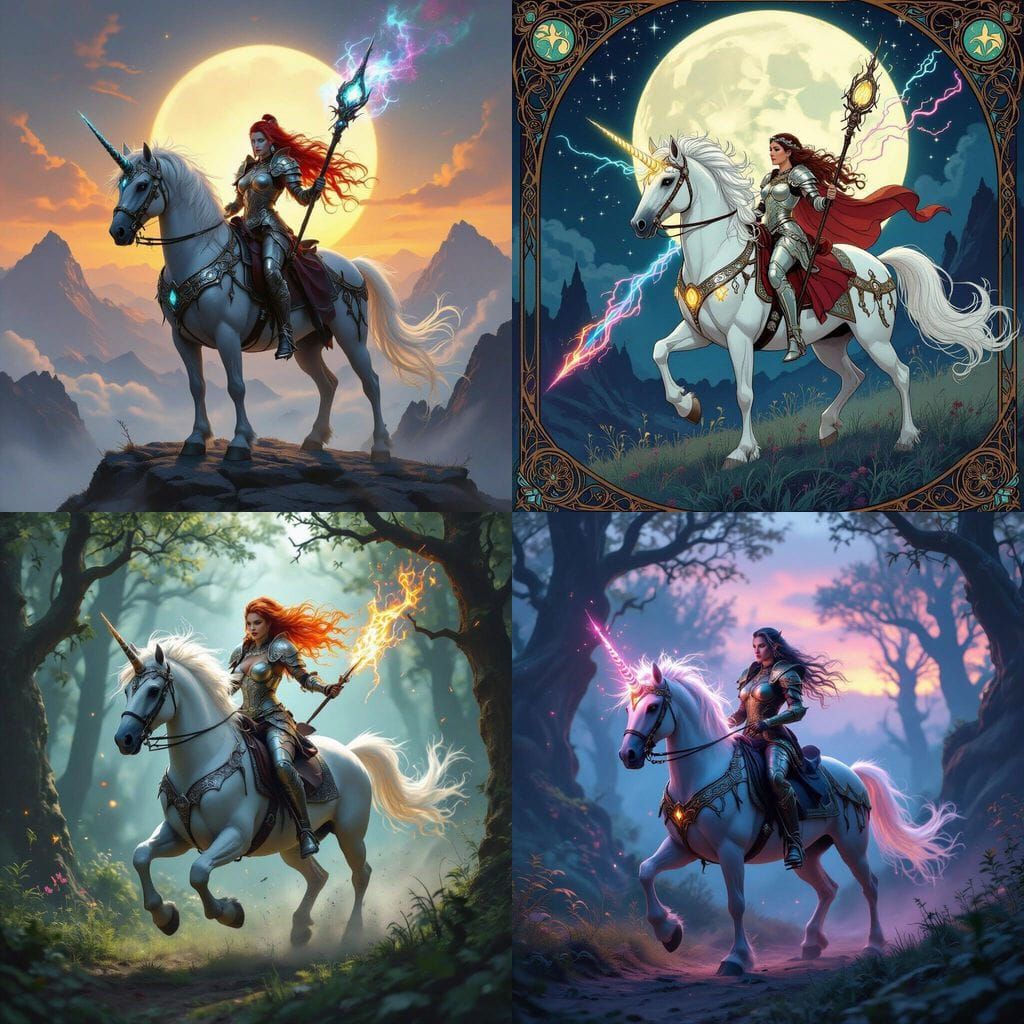 Female Warrior Riding a Magical Unicorn