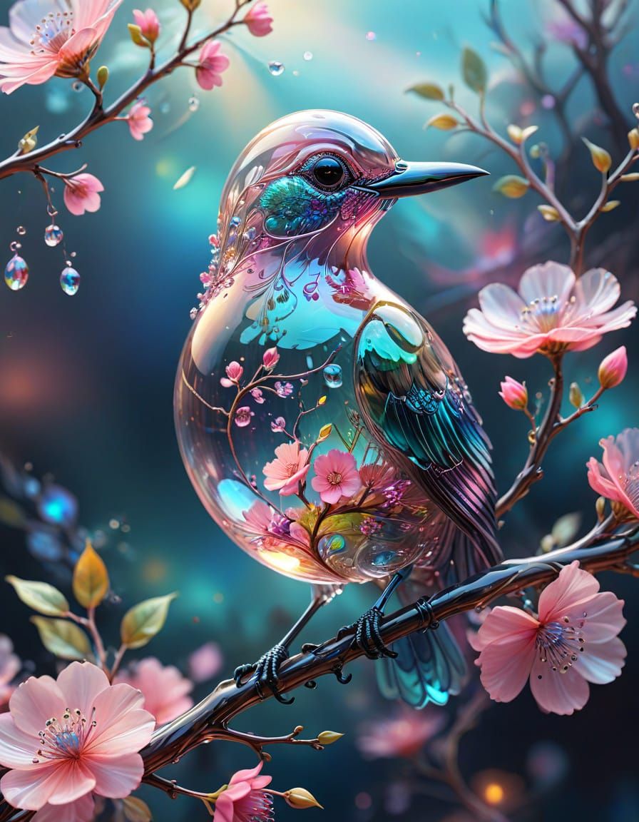 Surreal Glass Bird with Fractal Flowers