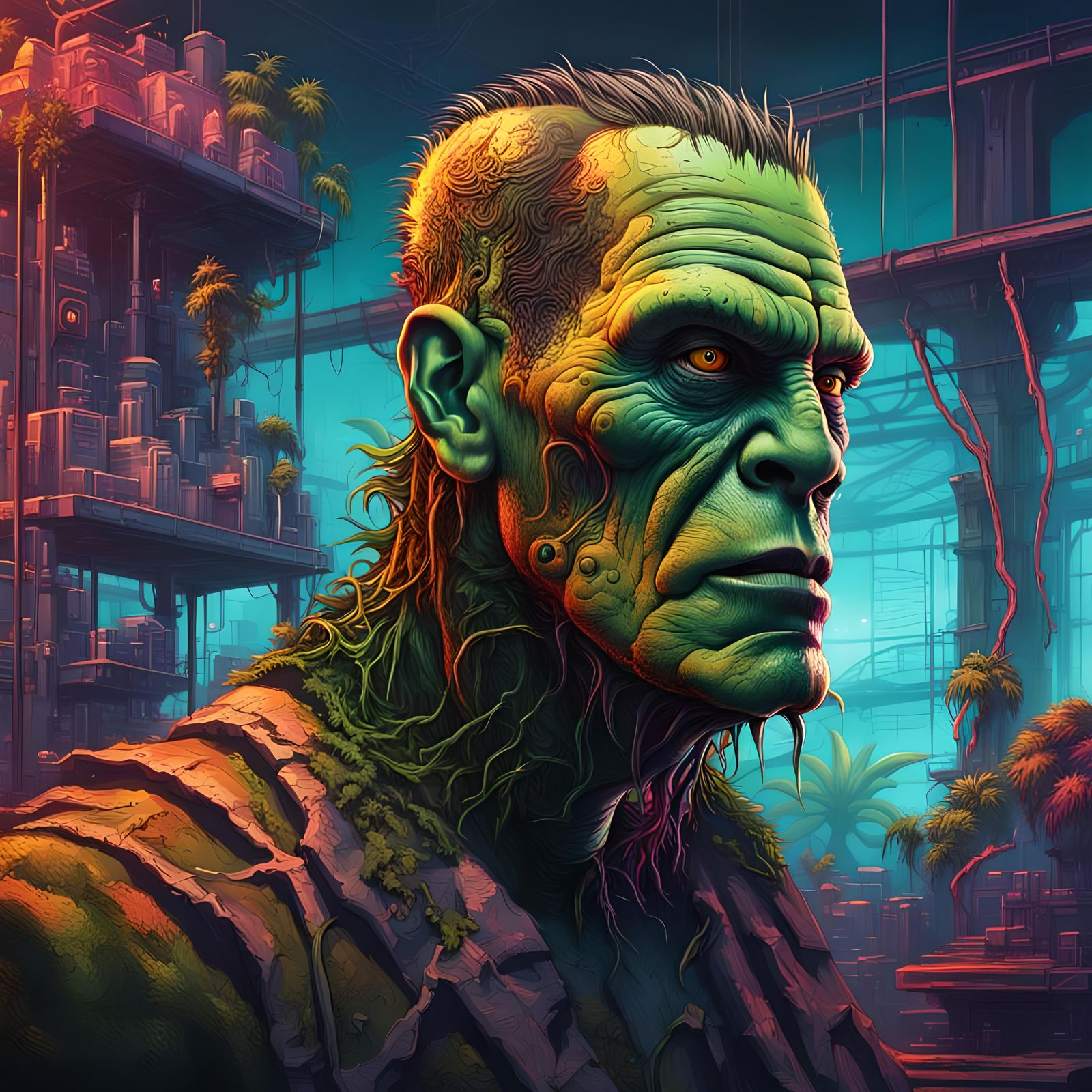 Frankenstein's Monster Portrait in Neon Jungle City