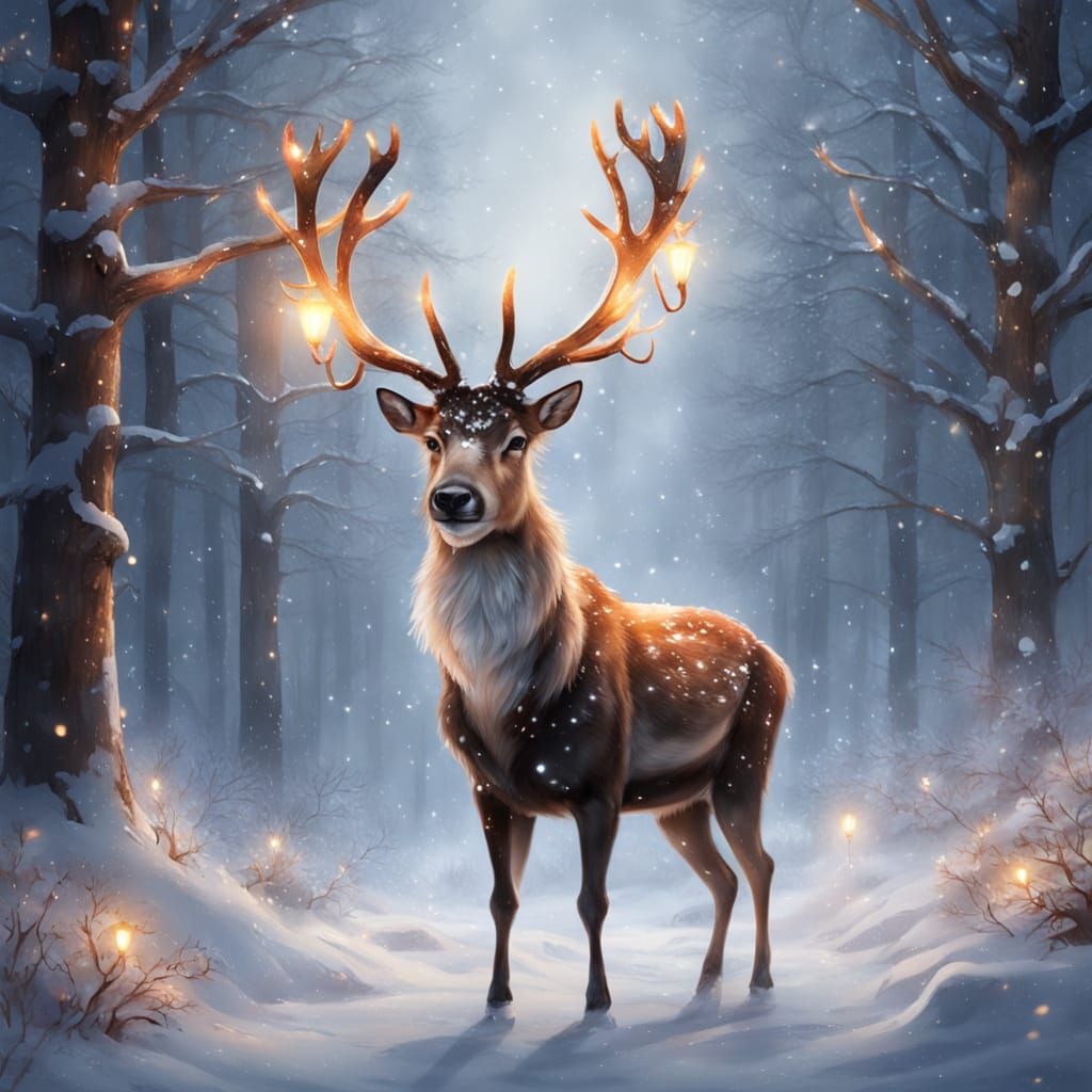 Enchanting Reindeer with Christmas Lights in Snowy Forest