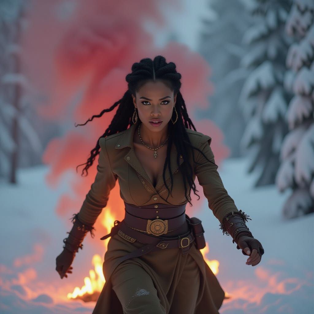 Fiery African Woman in Snow, Cinematic Style