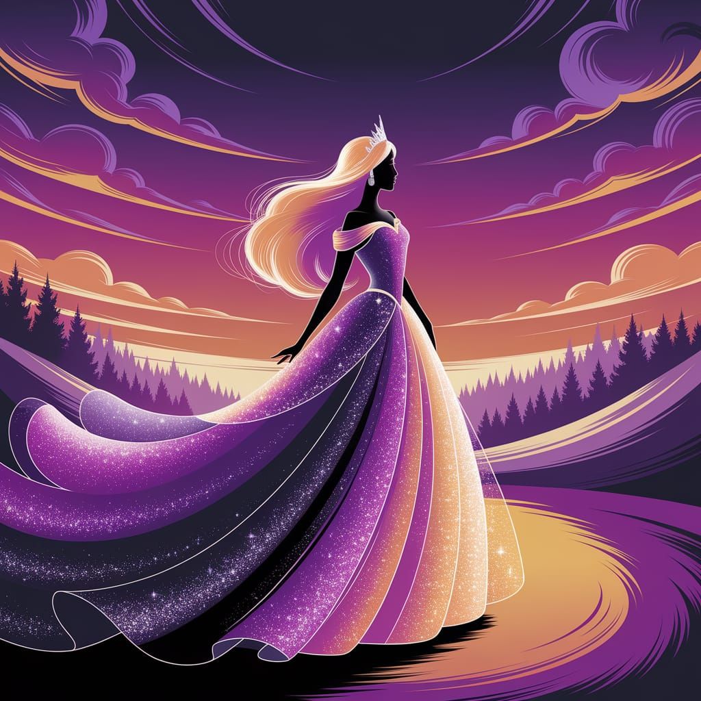 Ethereal Princess in Vibrant Purple and Orange Hues