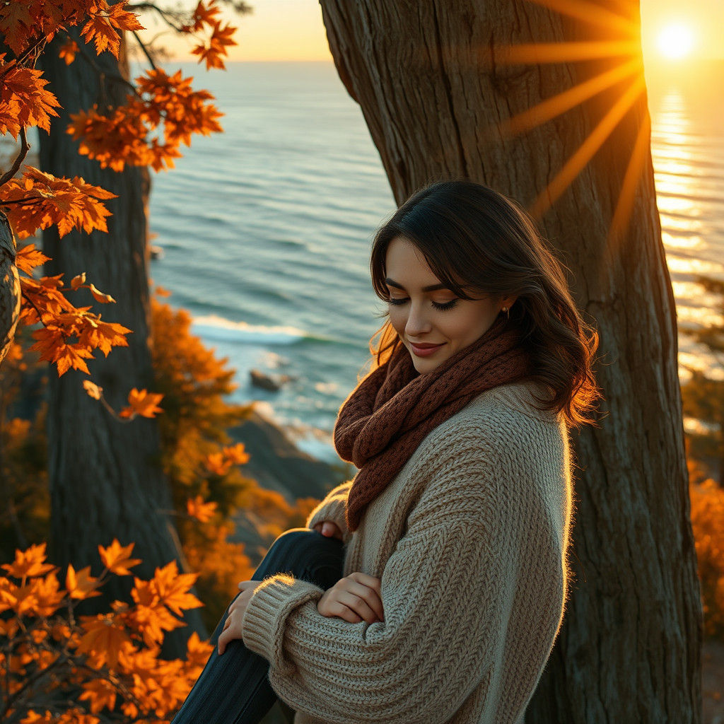 Autumnal Woman on Sequoia Balcony: Fantasy Art