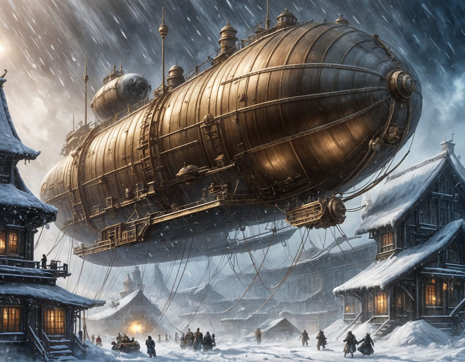 Airship in Snowstorm: Steampunk Fantasy Art