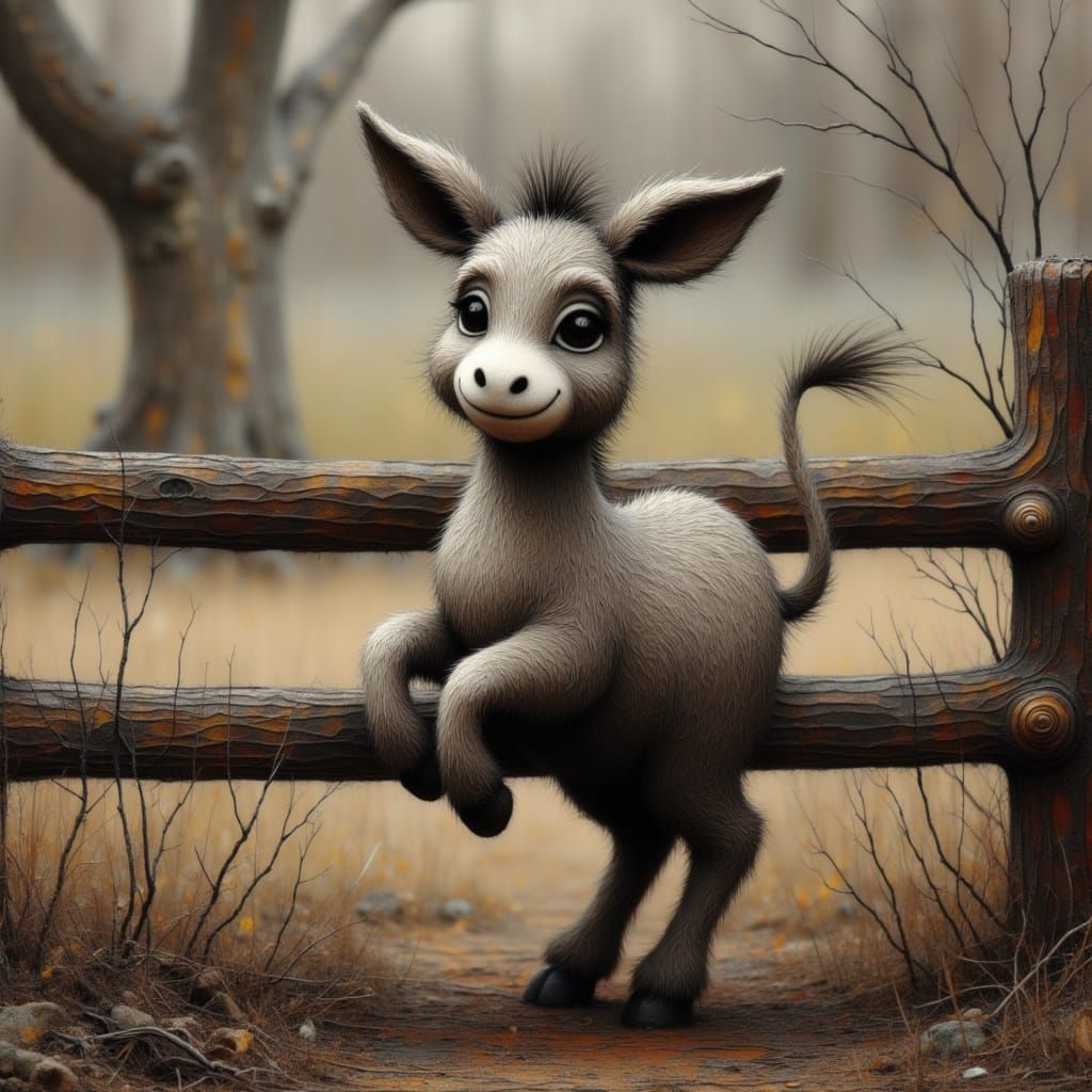 Cross-Eyed Donkey Leaning on Fence