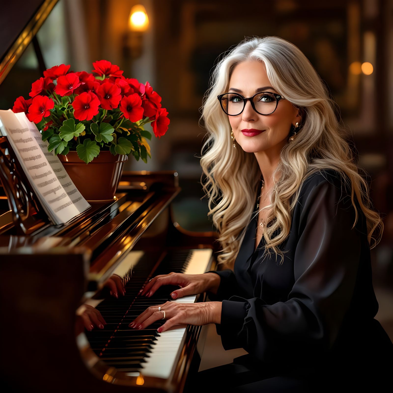 Intelligent Woman with Wavy Blond Hair Plays Piano