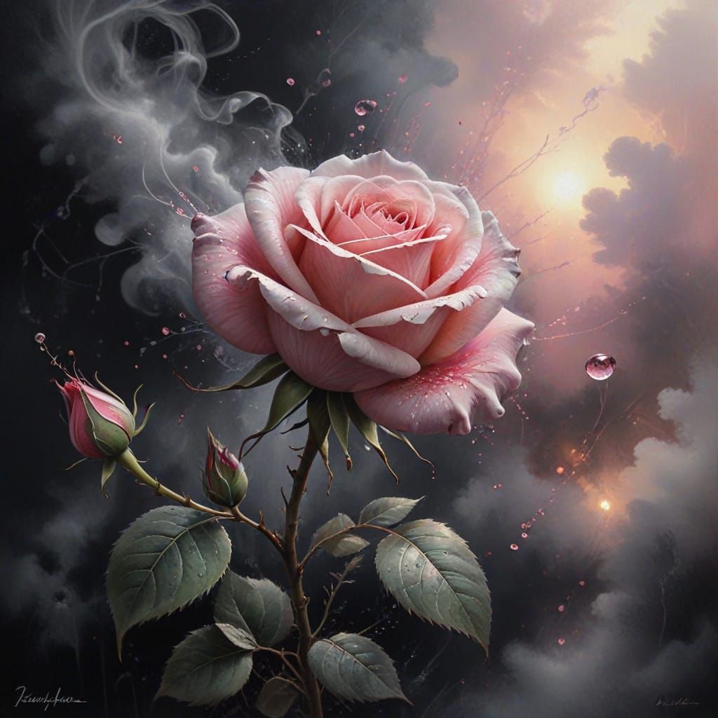 Ethereal Rose Drawing with Pink Blush and Swirling Mist