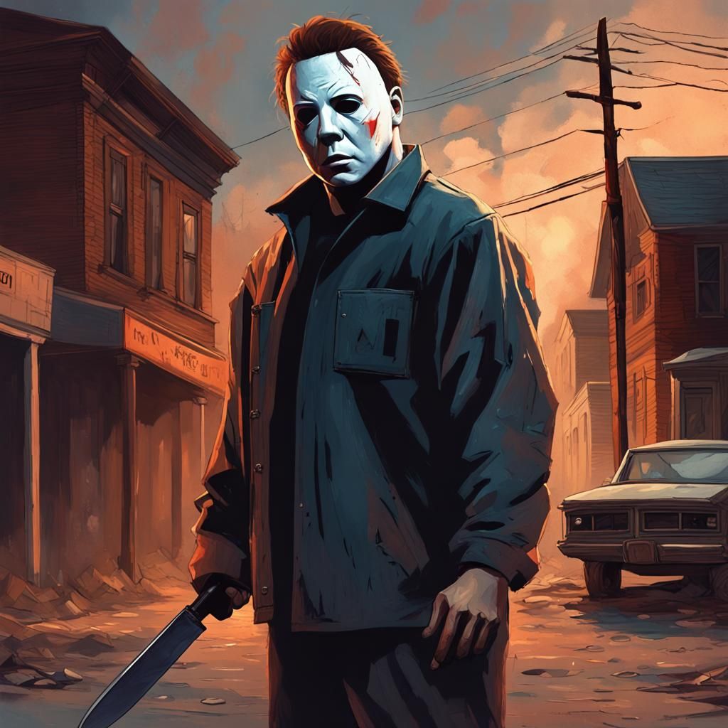 The character Michael Myers standing on a darkend abandoned ...