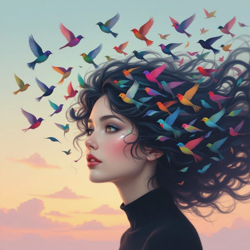 Woman's Hair Transforms into Birds in Surreal Portrait