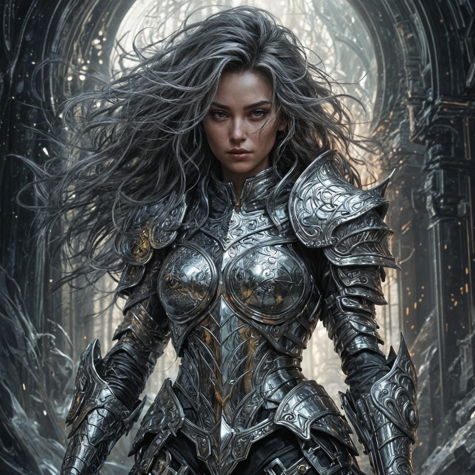 Girl in Silver Armor: Ink Masterpiece in Fantasy Style