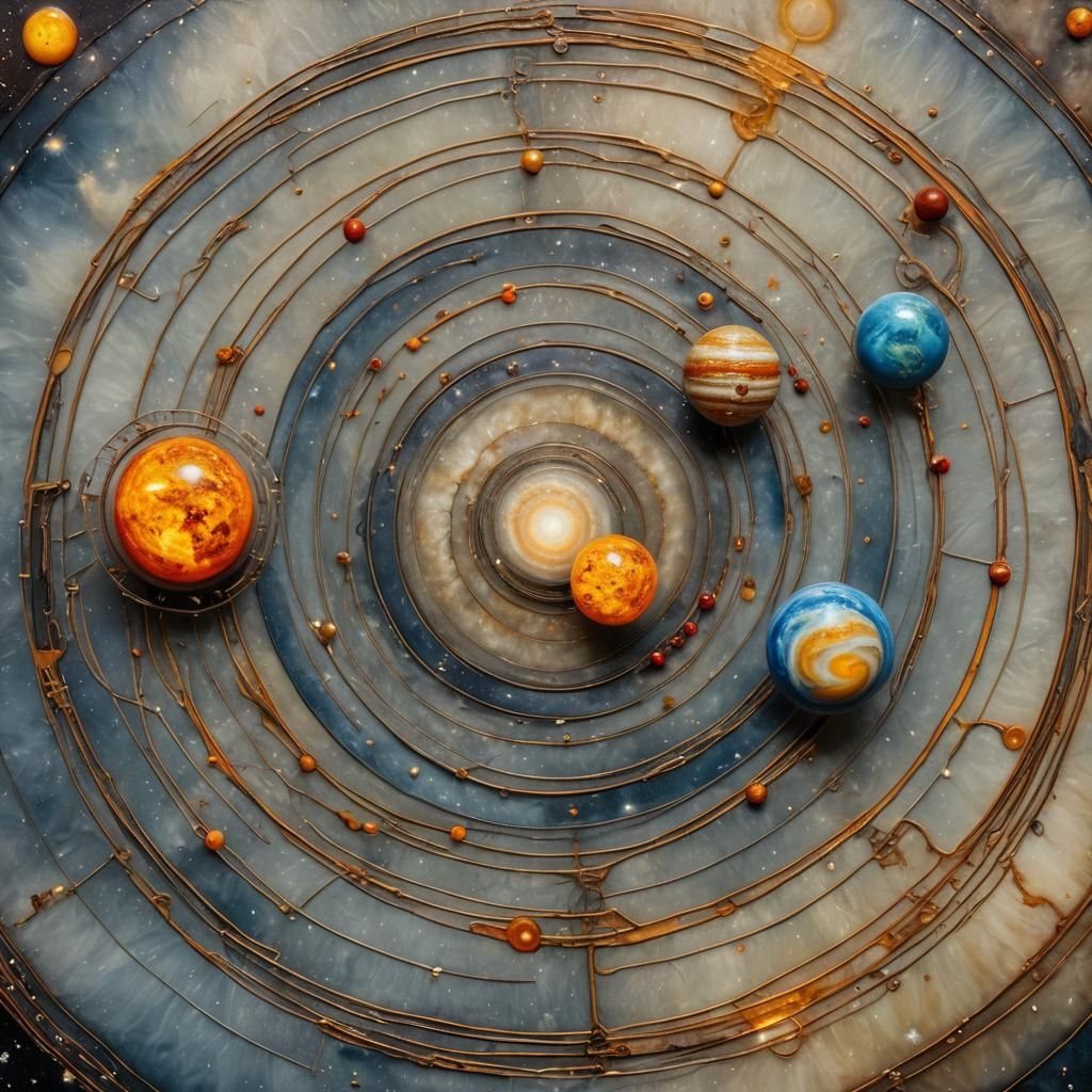 Encaustic Solar System with Three Suns