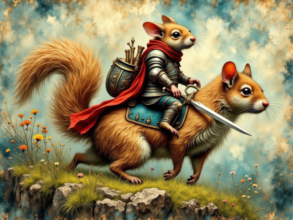 Mouse Knight on Squirrel Steed in Fantasy Landscape