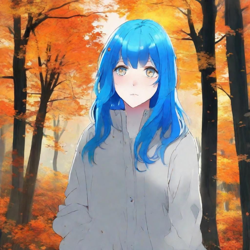 Anime Girl with Blue Hair in Autumn Woods