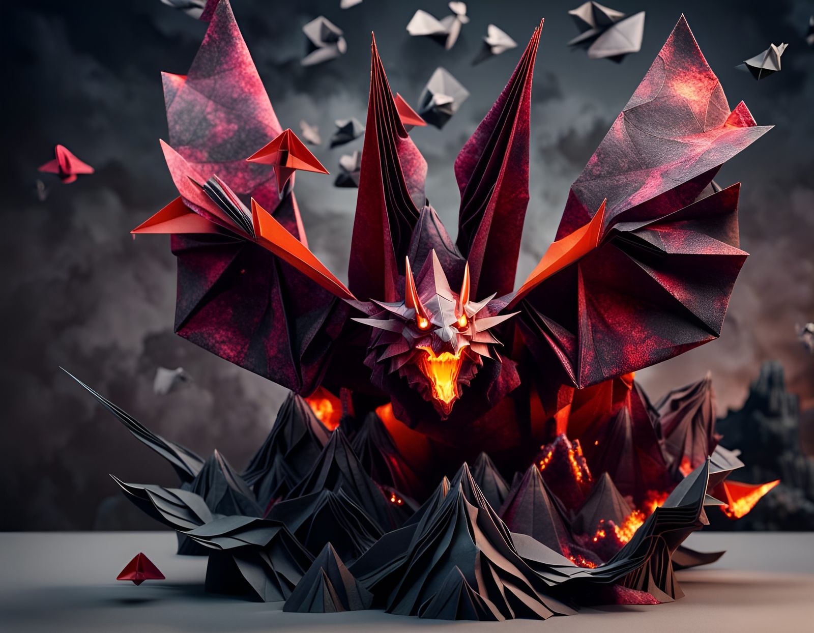 Netherworld Volcano Origami in 3D Render Style