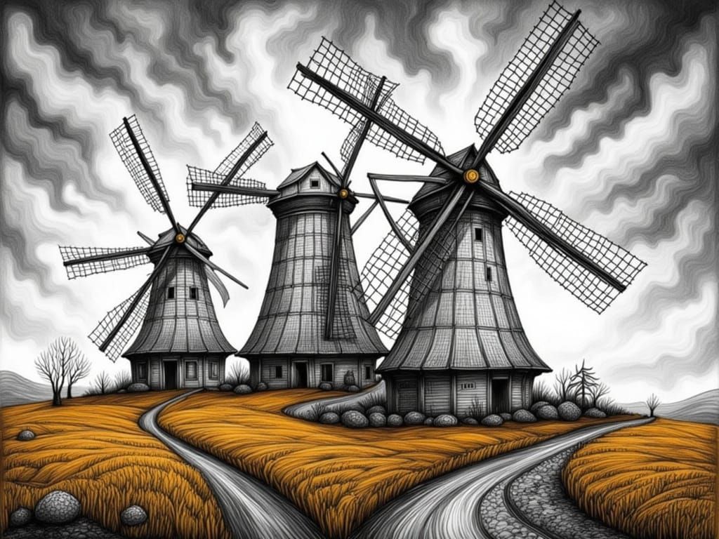 Dramatic Charcoal Windmills with Amber Highlights