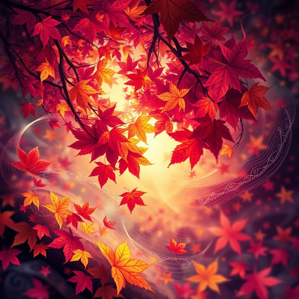 Ethereal Autumn Leaves Dance in Dreamlike Fractal Landscape