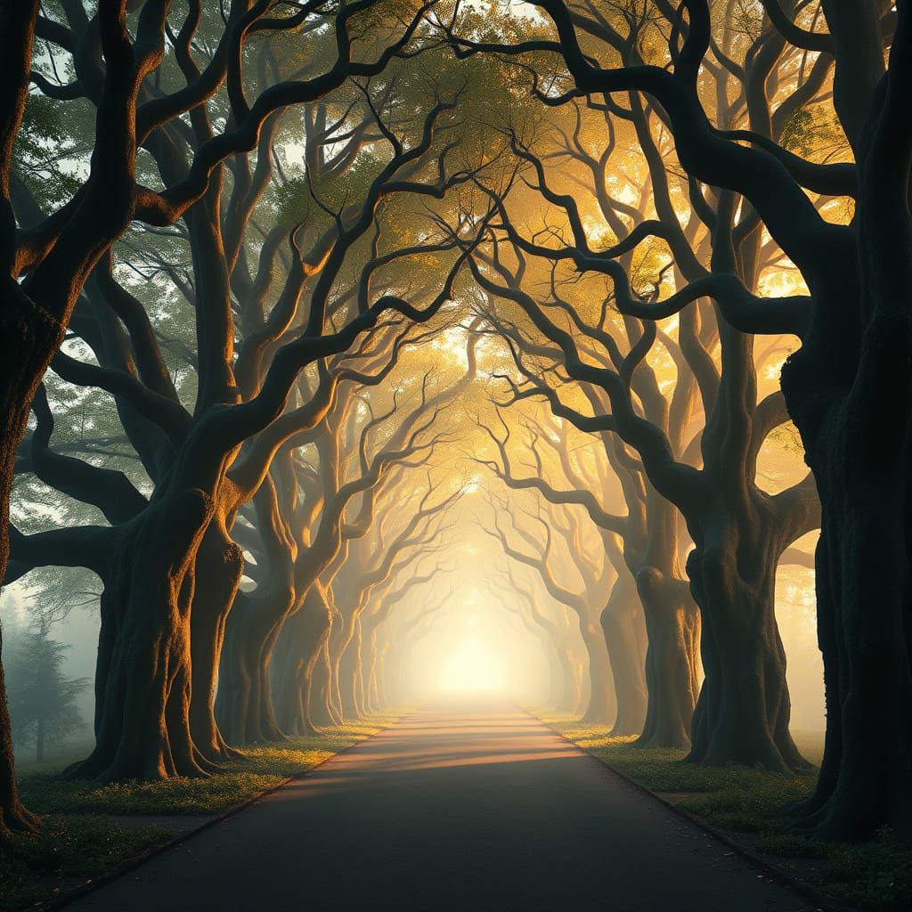 Ethereal Avenue of Trees in Early Morning Light