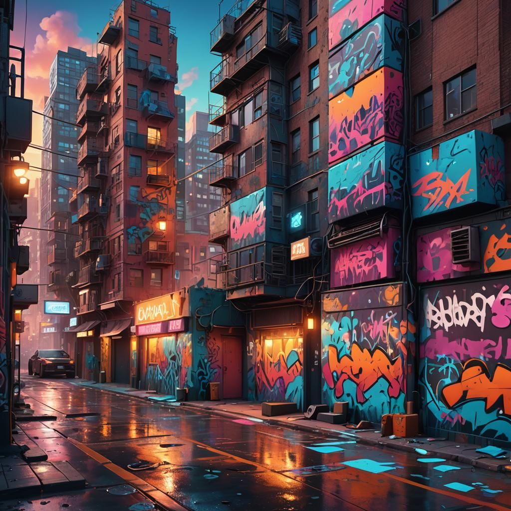 Vibrant Graffiti Cityscape Concept Art at Sunset