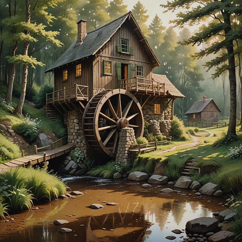 Rustic Waterwheel in Idyllic Oil Painting Style