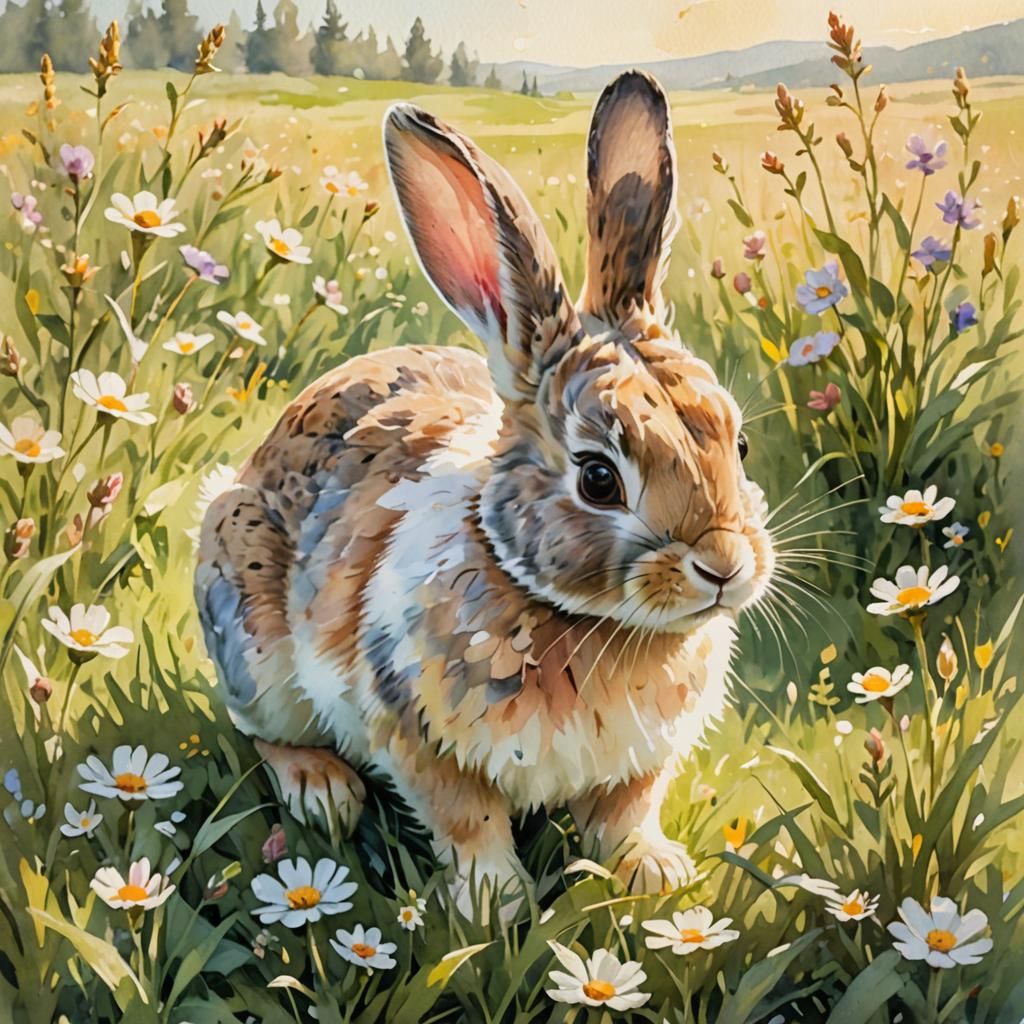 Baby Bunny in Sunny Meadow Watercolor Art