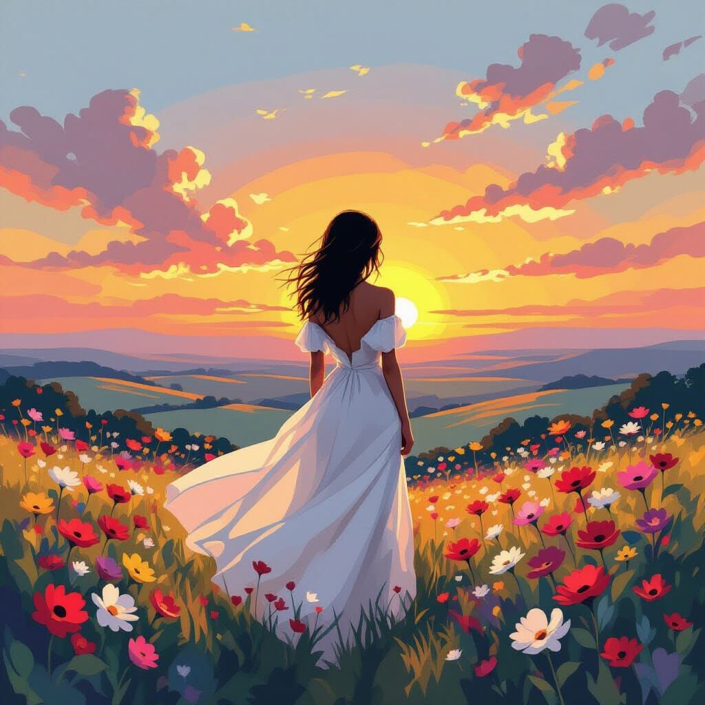 Woman Gazing at Sunset in Pop Art Style