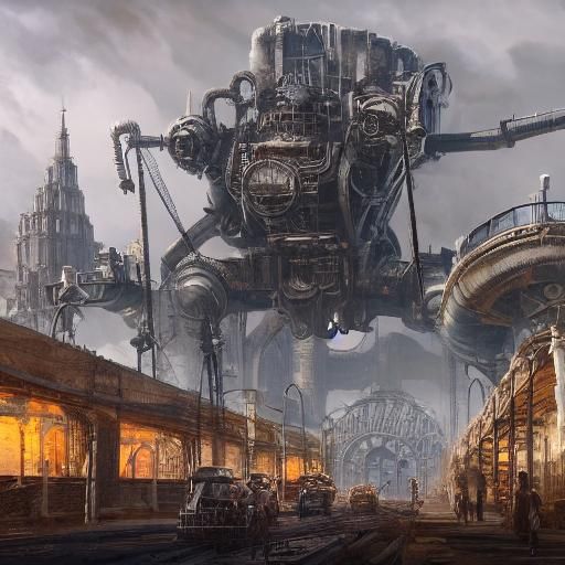Giant Chrome Steam Spiders in Misty Steampunk Landscape