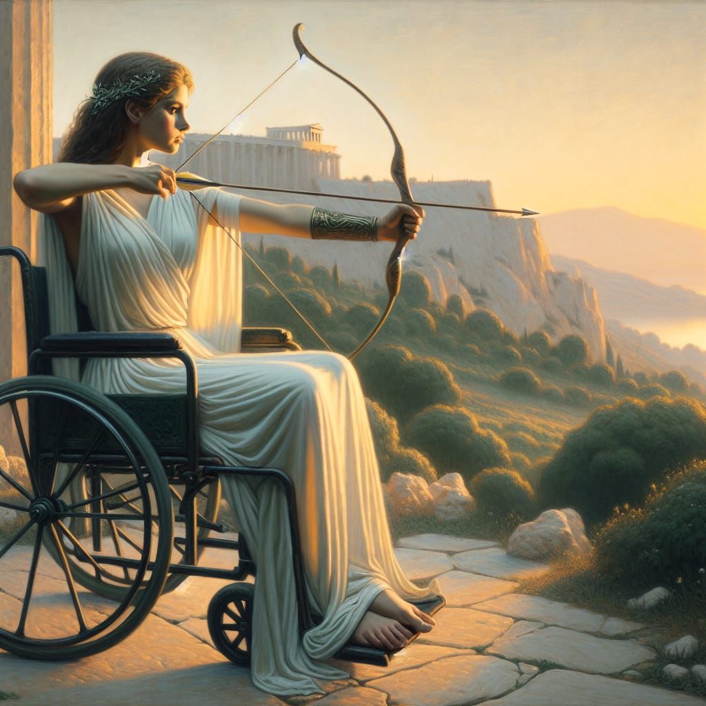 Middle-Eastern Archer in Wheelchair: Oil Painting