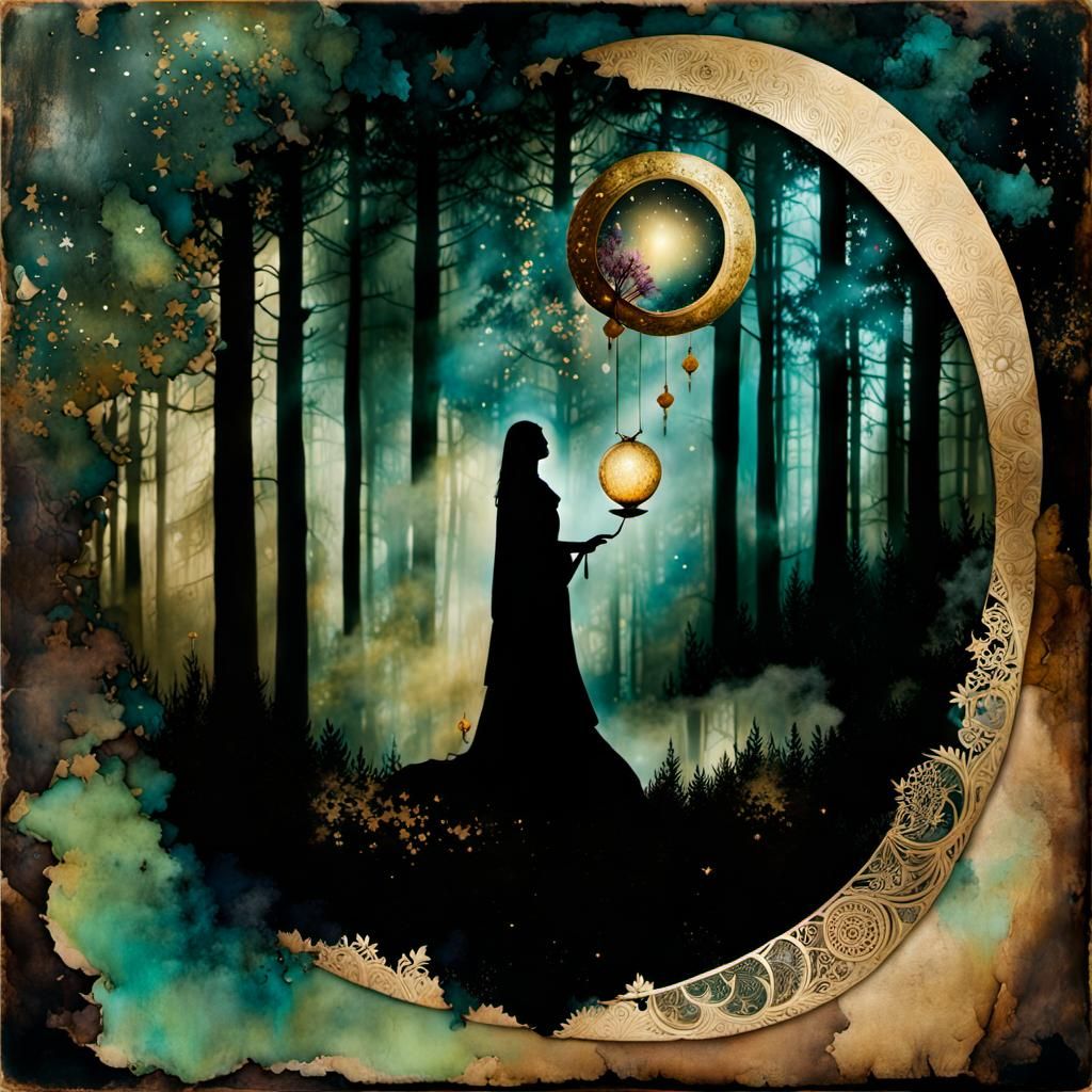 Surrealistic Collage of a Magical Wanderer in the Forest