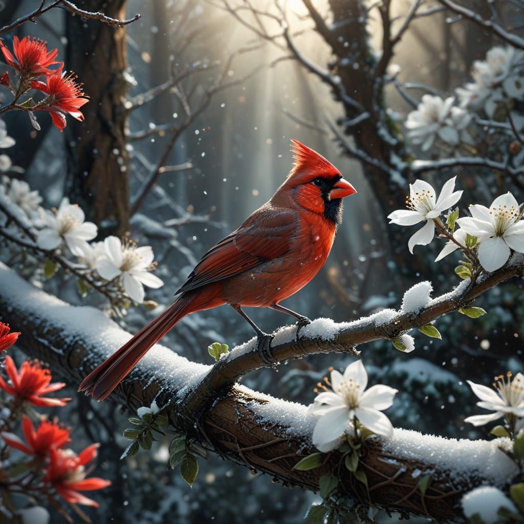 Red Cardinal on Snowy Branch with Pale Flowers